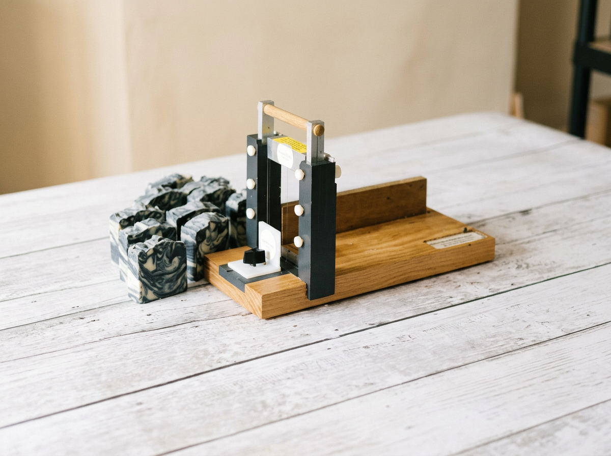 A wooden soap cutter beside freshly cut marbled charcoal soap bars on a whitewashed workbench