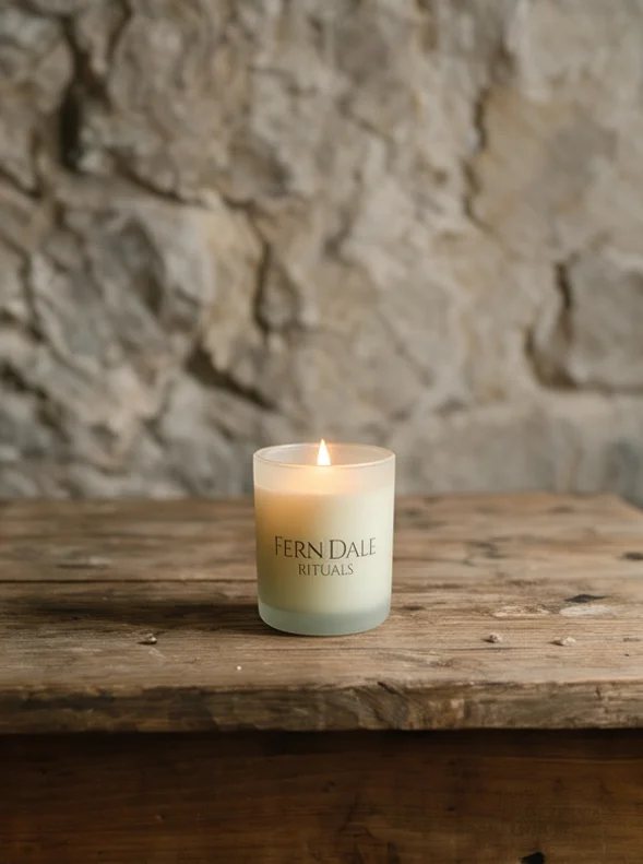 A lit frosted Fern Dale Rituals candle glowing on wood against a stone wall